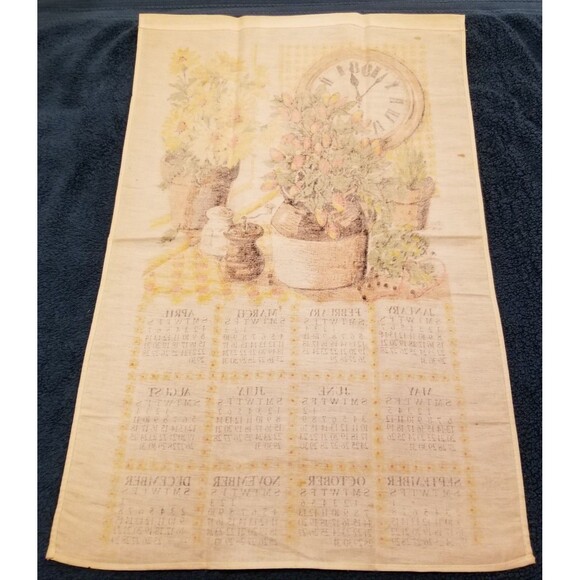 Vintage linen tea towel calendar flowers in vase and clock 1984 new old stock - Picture 6 of 7